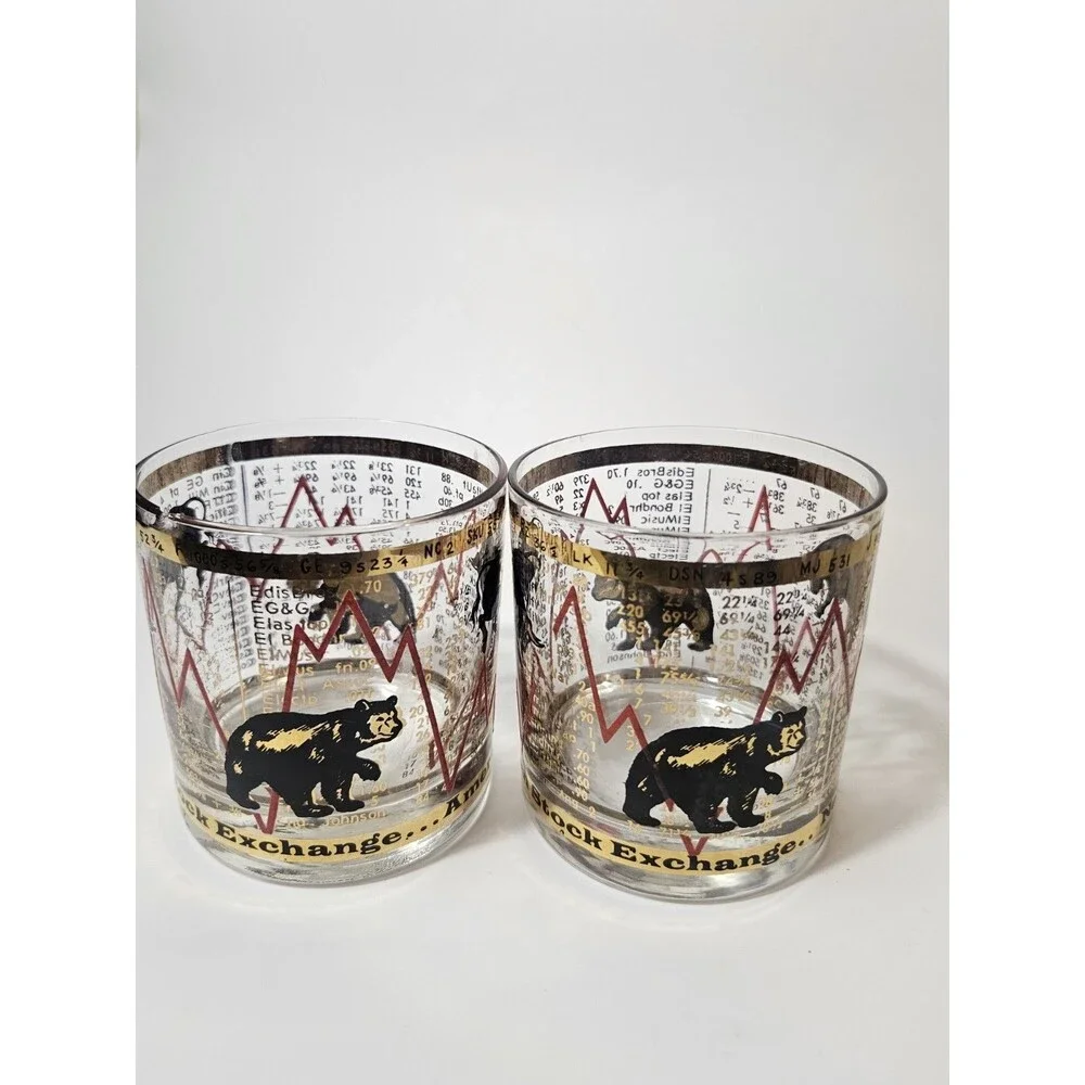 Set of 2 Vintage MCM Hammacher Schlemmer Stock Market Bull/Bear Lowball Glasses